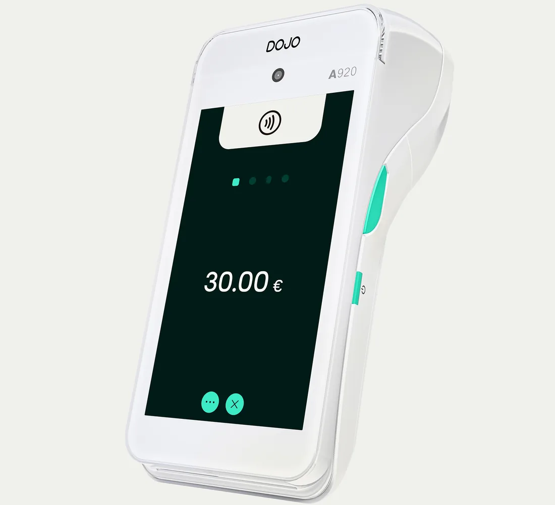 Terminale POS portatile Dojo Go con schermo verde e pagamento da 30,00 €